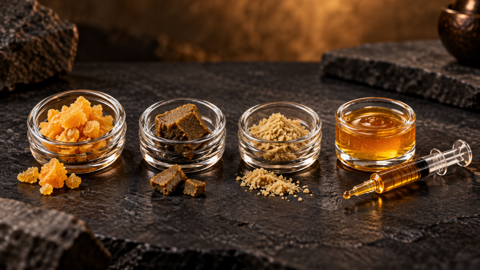 Cannabis concentrate formats including crumble, hash, bubble hash, and amber sauce