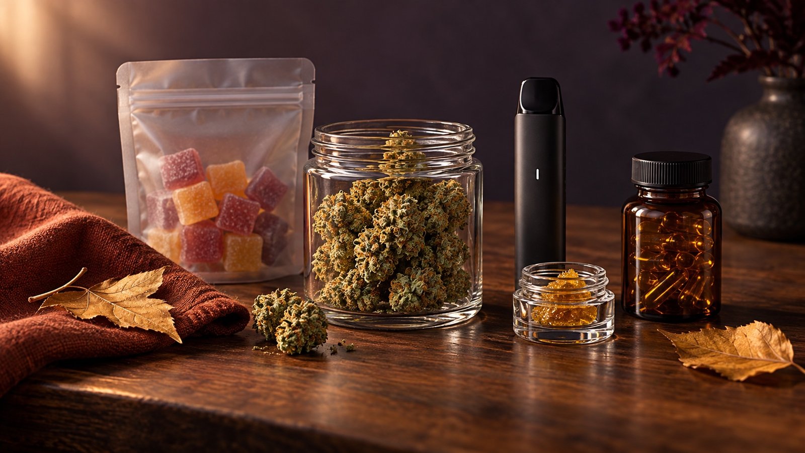 A curated Mind35 fall cart with flower, gummies, concentrate, vape, and capsules on a walnut table
