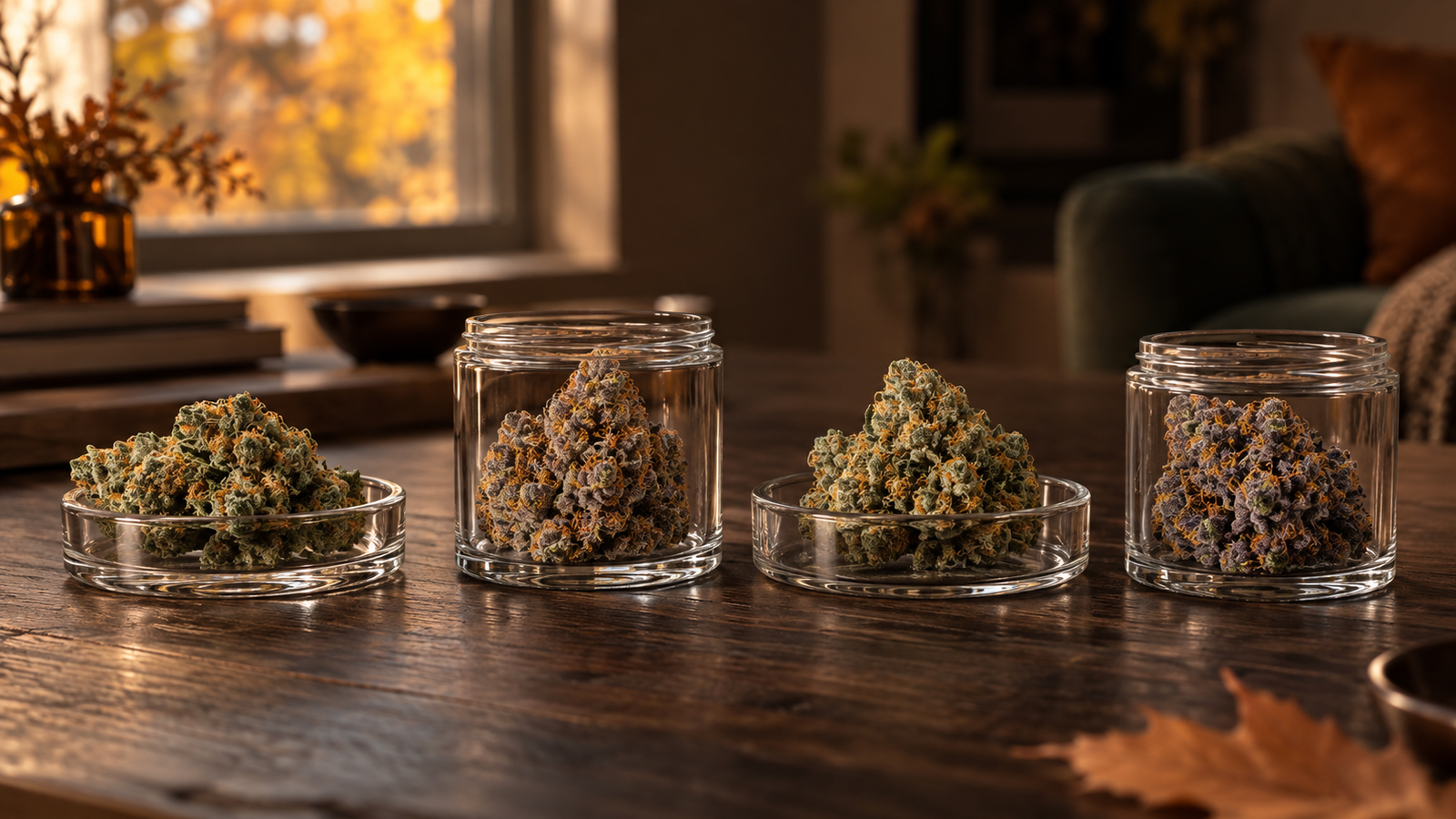 Four cannabis flower varieties arranged in glass dishes on a warm fall tabletop