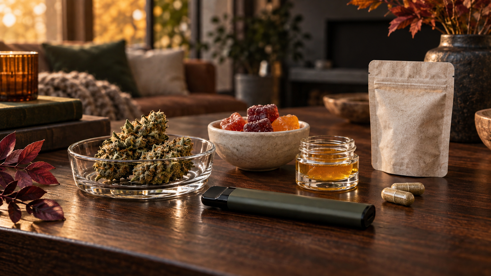 A curated first Mind35 order with flower, gummies, concentrate, vape, and capsules on a fall table