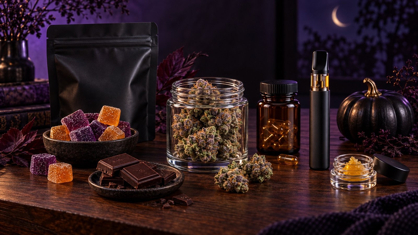 A premium Halloween Mind35 lineup with flower, gummies, chocolate, capsules, vape, and concentrate in purple light