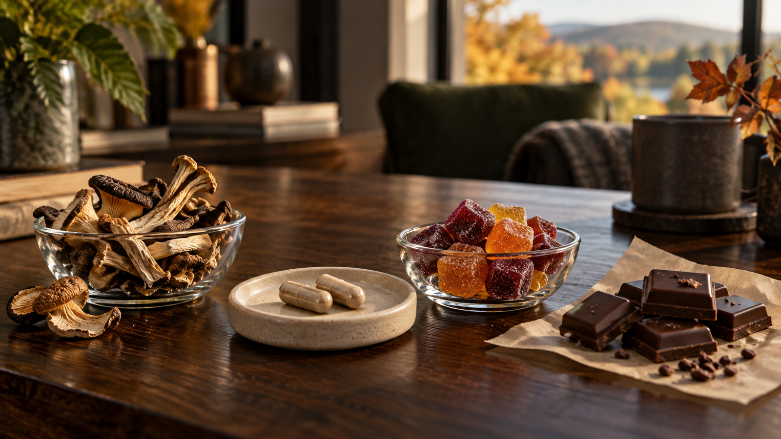 Dried mushrooms, capsules, gummies, and chocolate arranged on a warm fall table