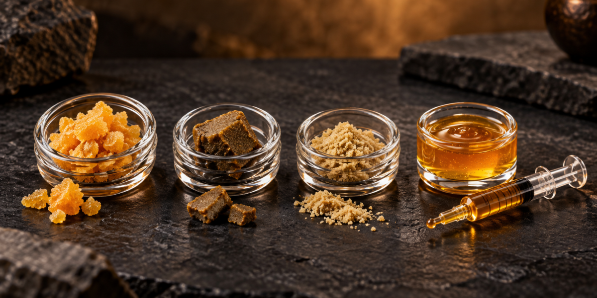 Cannabis concentrate formats including crumble, hash, bubble hash, and amber sauce