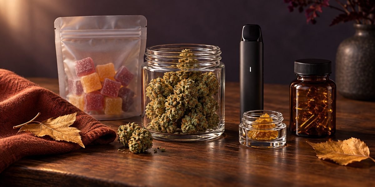 A curated Mind35 fall cart with flower, gummies, concentrate, vape, and capsules on a walnut table