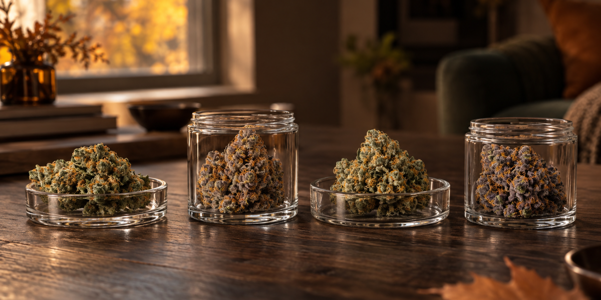 Four cannabis flower varieties arranged in glass dishes on a warm fall tabletop