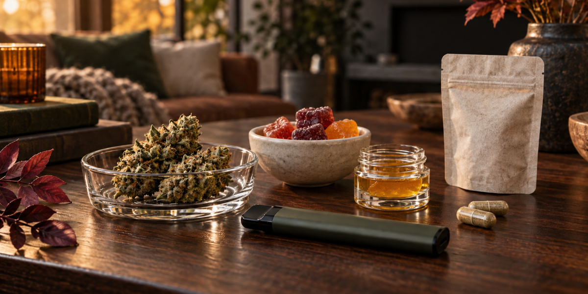 A curated first Mind35 order with flower, gummies, concentrate, vape, and capsules on a fall table
