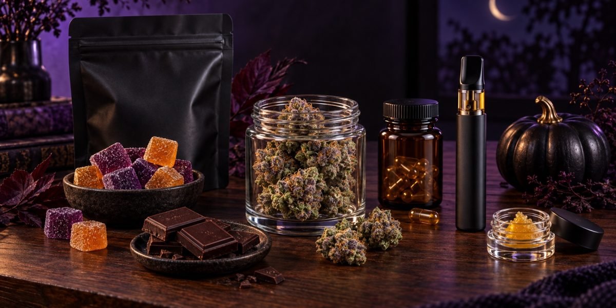 A premium Halloween Mind35 lineup with flower, gummies, chocolate, capsules, vape, and concentrate in purple light