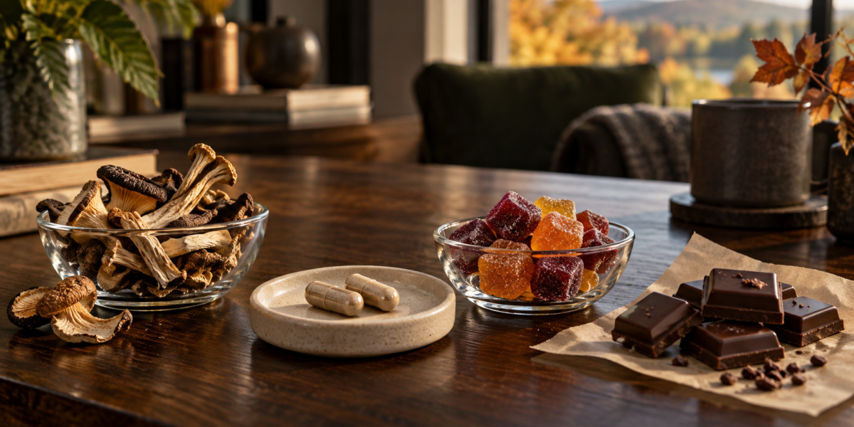 Dried mushrooms, capsules, gummies, and chocolate arranged on a warm fall table